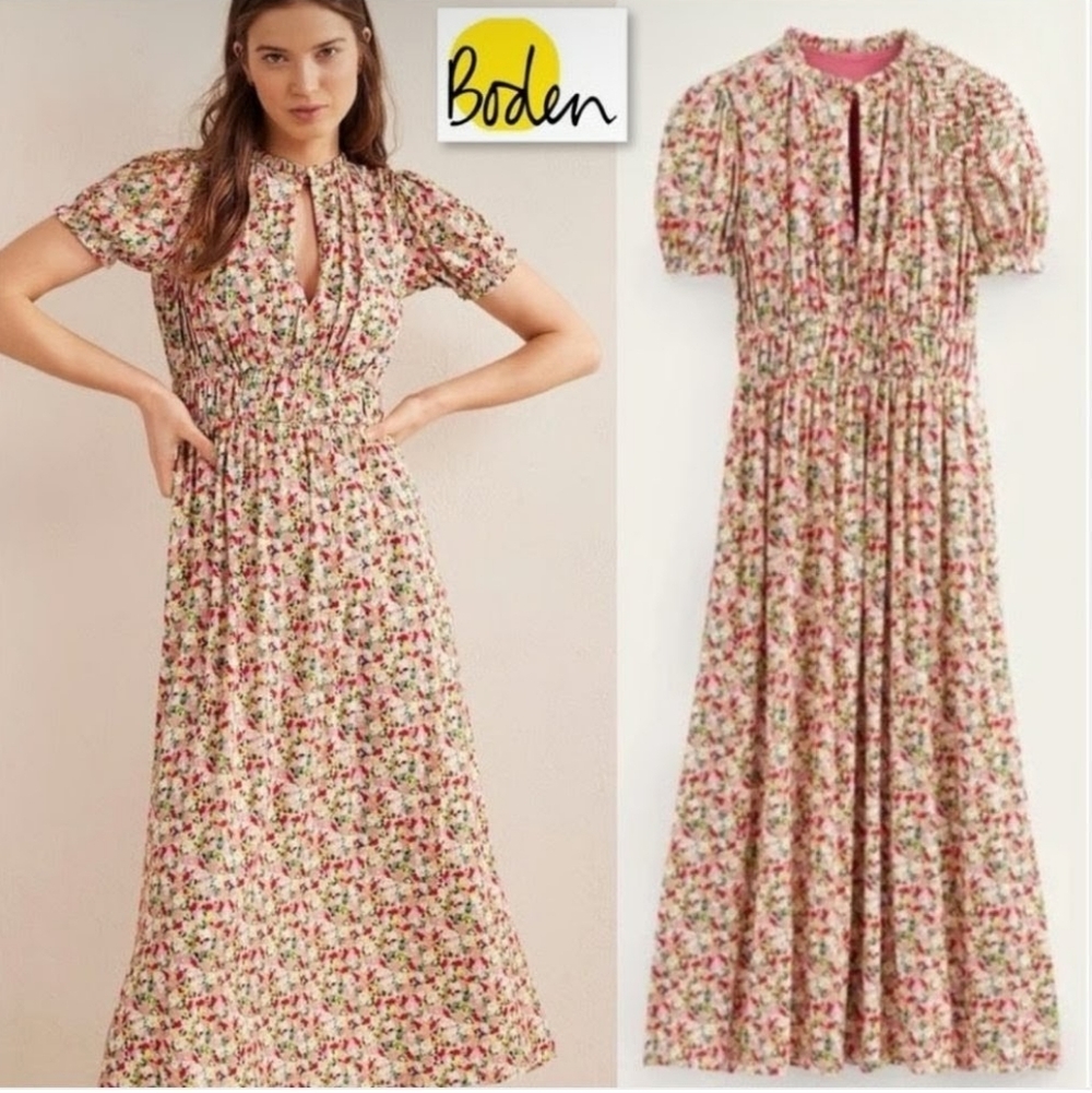 $165 Boden Floral Ruched Jersey Midi Dress Size 2R Stretchy